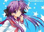  hair_ribbon hiiragi_kagami lucky_star pink_neckwear purple_hair ribbon ryouou_school_uniform sakura_hanpen school_uniform serafuku solo 