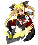  arm_guards armor bardiche belt blonde_hair buckle cape chibi fate_testarossa fingerless_gloves full_body gloves hair_ribbon kei_(fortune) leotard long_hair lyrical_nanoha magical_girl mahou_shoujo_lyrical_nanoha mahou_shoujo_lyrical_nanoha_a's miniskirt polearm red_eyes ribbon running sidelocks simple_background skirt solo thighhighs twintails weapon white_background 