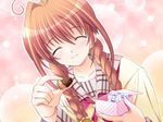  1girl aojiru braid eyes_closed food fruit game_cg hagio_himawari hanamaru hanamaru! solo strawberry twin_braids 