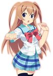  antenna_hair bow gakuen_utopia_manabi_straight! miniskirt mizuki_makoto odori_momoha pink_bow plaid plaid_skirt seiou_gakuen_school_uniform skirt solo thighhighs zettai_ryouiki 