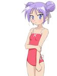  alternate_hairstyle bare_shoulders blue_eyes bow collarbone double_bun hair_ribbon hiiragi_kagami lucky_star one-piece_swimsuit purple_hair ribbon shy simple_background solo swimsuit takahashi_ren tsurime 