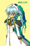  1girl bangs character_name galaxy_angel green_hair high_ponytail long_hair ponytail red_eyes simple_background solo vanilla vanilla_h yellow_background 