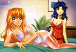  2girls 90s bed blonde_hair bra excel excel_saga fang garter_belt green_eyes highres hyatt ishino_satoshi lingerie lying multiple_girls nightgown official_art panties ribbon_bangs smile thighhighs underwear underwear_only 