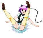  excel_saga eyeball_(artist) legs_up multicolored_hair panties pantyshot pink_hair purple_eyes purple_hair robot_ears ropponmatsu_2 short_hair skirt solo spread_legs thighhighs two-tone_hair underwear white_background yellow_legwear 