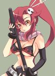  anti-materiel_rifle belt between_breasts bikini_top breasts fingerless_gloves gloves gun hair_ornament long_hair midriff mismatched_gloves ponytail red_hair rifle scarf shorts sidelocks sniper_rifle solo studded_belt tengen_toppa_gurren_lagann uk-works weapon yoko_littner 