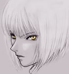  artist_request bangs clare_(claymore) claymore close-up closed_mouth eyelashes face lips lowres monochrome short_hair solo spot_color yellow_eyes 