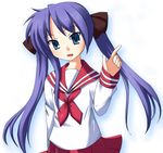 :d blue_eyes cowboy_shot hiiragi_kagami index_finger_raised long_hair long_sleeves looking_at_viewer lucky_star miniskirt neckerchief odayan open_mouth pleated_skirt purple_hair red_skirt ryouou_school_uniform sailor_collar school_uniform serafuku simple_background skirt smile solo twintails white_background 