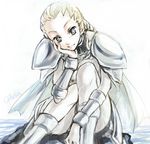  armor artist_request blonde_hair blue_eyes braid cape character_name claymore head_rest leg_armor ophelia shoulder_armor sitting smile solo vambraces 