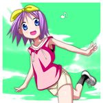  :d armpits barefoot black_legwear blue_eyes eighth_note fukurou hiiragi_tsukasa kneehighs looking_at_viewer lucky_star musical_note open_mouth outstretched_arms pink_hair running shoes short_hair smile sneakers solo sweatdrop sweater_vest 