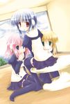  blonde_hair blue_hair green_eyes ilfa milfa multiple_girls pink_hair robot_ears sakanaya_nakasa school_uniform silfa sitting thighhighs to_heart_2 to_heart_2_ad 