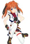  belt blue_eyes cropped_vest cross_mirage dual_wielding gloves gun holding lyrical_nanoha magical_girl mahou_shoujo_lyrical_nanoha_strikers mizuki_makoto one_knee open_clothes open_vest orange_hair short_twintails simple_background solo teana_lanster thighhighs twintails vest weapon 