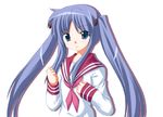  blue_eyes blue_hair hand_on_own_chest hiiragi_kagami long_sleeves looking_at_viewer lucky_star neckerchief odayan pink_neckwear red_sailor_collar ryouou_school_uniform sailor_collar school_uniform serafuku sidelocks simple_background solo twintails white_background 