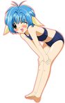  1girl animal_ears bangs barefoot bent_over blancmanche_mint blue_hair blush feet galaxy_angel green_eyes highres mint_blancmanche one_eye_closed open_mouth short_hair smile soles solo swimsuit toes wink yellow_eyes 