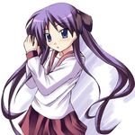  adjusting_hair bow hair_bow hiiragi_kagami kuronezumi long_hair lucky_star open_mouth purple_eyes purple_hair red_sailor_collar ryouou_school_uniform sailor_collar school_uniform serafuku skirt solo standing twintails 