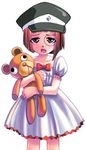  1girl blue_eyes carrying child forte_stollen galaxy_angel holding looking_at_viewer monocle open_mouth peaked_cap red_hair short_dress simple_background solo stollen_forte teddy_bear white_background younger 