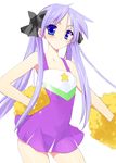  bare_arms bare_shoulders black_bow blue_eyes blush bow breasts cheerleader covered_navel cowboy_shot dress eyebrows_visible_through_hair hair_between_eyes hair_bow hiiragi_kagami kusaka_souji legs_apart long_hair looking_at_viewer lucky_star pom_poms purple_hair short_dress simple_background small_breasts solo star straight_hair twintails very_long_hair white_background 