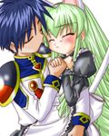  1boy 1girl animal_ears blush cat_ears eyes_closed galaxy_angel green_hair simple_background takuto_meyers vanilla vanilla_h white_background 