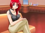  1girl alternate_costume blue_eyes breasts choker cleavage forte_stollen galaxy_angel indoors large_breasts legs_crossed looking_at_viewer red_hair sitting solo stollen_forte 
