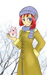  1girl blue_eyes coat forte_stollen galaxy_angel monocle normad photo_background red_hair scarf snow stollen_forte tree 
