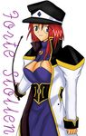 1girl blue_eyes breasts character_name cleavage cleavage_cutout forte_stollen galaxy_angel large_breasts monocle no_bra red_hair riding_crop solo stollen_forte 