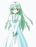  1girl bangs galaxy_angel green_hair highres long_hair looking_at_viewer red_eyes simple_background solo v_arms vanilla vanilla_h white_background 