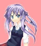  blue_eyes collar dress_shirt hiiragi_kagami ise long_sleeves lucky_star pink_hair red_background shirt simple_background solo sweater_vest twintails upper_body white_shirt 