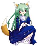  1girl animal animal_ears bangs fox_ears fox_tail galaxy_angel green_hair highres long_hair looking_at_viewer red_eyes simple_background solo tail vanilla vanilla_h white_background 