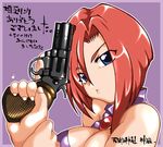  blue_eyes breasts cleavage_cutout forte_stollen galaxy_angel gun large_breasts lowres purple_background red_hair revolver short_hair stollen_forte translation_request weapon 