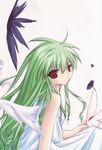  1girl animal bangs galaxy_angel green_hair highres long_hair looking_at_viewer pet red_eyes simple_background solo vanilla vanilla_h white_background wings 