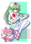  1girl broccoli_(company) galaxy_angel gloves green_hair labcoat looking_at_viewer normad nurse red_eyes simple_background solo stethoscope syringe thighhighs vanilla vanilla_h white_background white_legwear zettai_ryouiki 