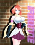  1girl bare_shoulders blue_eyes breasts character_name elbow_gloves forte_stollen galaxy_angel gloves hand_on_hip large_breasts looking_at_viewer miniskirt monocle no_bra orange_hair red_hair scarf shadow short_hair skirt solo stollen_forte 