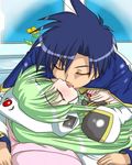  1boy 1girl blue_hair blush eyes_closed flower french_kiss galaxy_angel green_hair indoors kiss lying on_back pillow short_hair takuto_meyers vanilla vanilla_h 