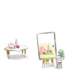  1girl apple bottle broccoli_(company) easel galaxy_angel green_hair normad red_eyes simple_background solo stool table vanilla vanilla_h white_background 