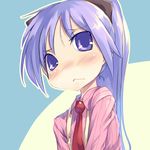  :&lt; alternate_hairstyle blush closed_mouth face hiiragi_kagami lucky_star mikage_sekizai necktie ponytail purple_eyes purple_hair solo wavy_mouth 