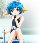  1girl animal_ears bangs blancmanche_mint blue_hair galaxy_angel green_eyes looking_at_viewer mint_blancmanche school_swimsuit short_hair smile solo swimsuit yellow_eyes 