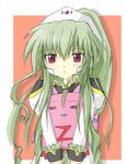  1girl broccoli_(company) galaxy_angel green_hair long_hair looking_at_viewer normad red_eyes simple_background solo vanilla vanilla_h 