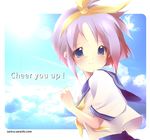  blue_eyes blush cloud day hair_ribbon hiiragi_tsukasa lucky_star purple_hair ribbon ryouou_school_uniform school_uniform serafuku shiratama_(shiratamaco) short_hair sky smile solo yellow_neckwear 