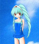  1girl bangs flat_chest galaxy_angel green_hair high_ponytail long_hair looking_at_viewer ponytail red_eyes solo swimsuit vanilla vanilla_h 