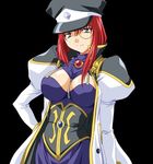  1girl black_background blue_eyes breasts cleavage_cutout contrapposto forte_stollen galaxy_angel hand_on_hip large_breasts looking_at_viewer lowres monocle peaked_cap puffy_sleeves red_hair simple_background smile solo stollen_forte 