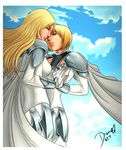  armor armored_dress artist_request blonde_hair blue_sky border cape clare_(claymore) claymore cloud dated day floating gauntlets multiple_girls short_hair shoulder_pads silver_eyes sky teresa_(claymore) upper_body wind yuri 
