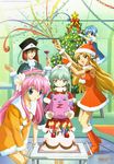  5girls absurdres blancmanche_mint blonde_hair blue_eyes blue_hair brown_eyes cake christmas christmas_tree confetti drink food forte_stollen franboise_ranpha galaxy_angel green_hair highres milfeulle_sakuraba mint_blancmanche monocle multiple_girls no_bra normad official_art pink_hair ranpha_franboise red_eyes red_hair sakuraba_milfeulle santa_costume stollen_forte vanilla vanilla_h 