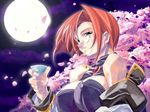  1girl blue_eyes breasts cherry_blossoms cleavage_cutout forte_stollen full_moon galaxy_angel large_breasts monocle moon night outdoors petals red_hair solo stollen_forte 