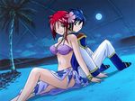  1boy 1girl bikini blue_eyes breasts cleavage coconut_tree dutch_angle forte_stollen full_moon galaxy_angel large_breasts moon night_sky palm_tree red_hair sarong sitting stollen_forte takuto_meyers 