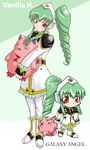  1girl broccoli_(company) character_name chibi copyright_name galaxy_angel green_background green_hair long_hair normad red_eyes simple_background vanilla vanilla_h 