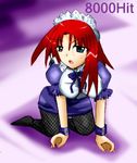  1girl all_fours alternate_costume blue_eyes breasts enmaided fishnets forte_stollen galaxy_angel large_breasts looking_at_viewer lowres maid maid_headdress monocle no_shoes red_hair solo stollen_forte wrist_cuffs 