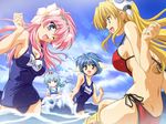  4girls animal_ears bikini blancmanche_mint blonde_hair blue_eyes blue_hair breasts brown_eyes cleavage cloud dutch_angle franboise_ranpha galaxy_angel green_hair happy large_breasts looking_at_viewer milfeulle_sakuraba mint_blancmanche multiple_girls name_tag ocean one_eye_closed open_mouth outdoors pink_hair ranpha_franboise red_eyes red_hair sakuraba_milfeulle school_swimsuit sideboob sky smile swimsuit vanilla vanilla_h wallpaper 