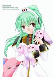  1girl animal artist_name broccoli_(company) character_name character_request galaxy_angel green_hair looking_at_viewer normad red_eyes simple_background solo third_eye vanilla vanilla_h web_address white_background yufuji_saeka 