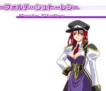  1girl blue_eyes breasts character_name cleavage cleavage_cutout forte_stollen galaxy_angel hand_on_hip large_breasts monocle necktie no_bra peaked_cap puffy_sleeves red_hair simple_background solo stollen_forte translated transparent_background 