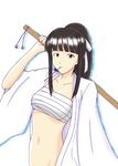  1girl aoyama_motoko black_hair bokken love_hina open_clothes open_shirt ponytail sarashi shirt solo sword weapon wooden_sword 