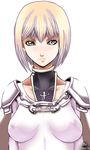  armor bangs blonde_hair breasts cape clare_(claymore) claymore covered_nipples impossible_clothes impossible_shirt large_breasts looking_at_viewer shirt short_hair silver_eyes simple_background solo temple_(artist) turtleneck upper_body white_background 